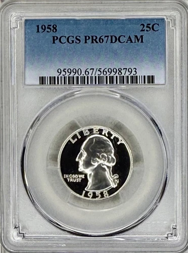 1958 PROOF WASHINGTON QUARTER PCGS PR67 DCAM DEEP CAMEO DARK MIRRORED BACKGROUND
