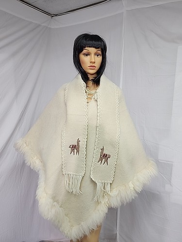 ALPACA Wool handmade cape, poncho beige with attached neck scarf OSFA