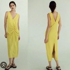 ZARA Center Ruched Lemon V-neck midi dress boho cottagecore beach women’s S