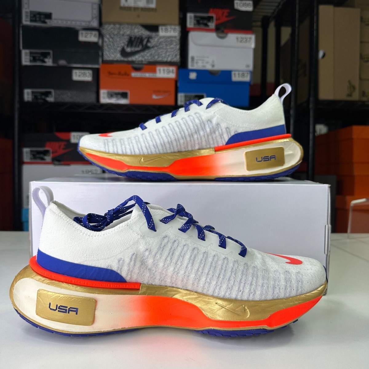 Women's 10 Nike ZoomX Invincible Run 3 USA White Blue Gold NBY