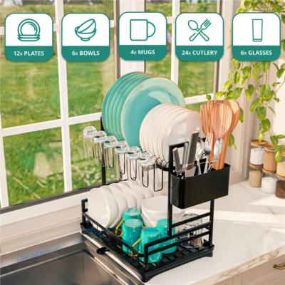 Tier Dish Drainer Rack Cutlery Holder Plate Rack Kitchen Sink
