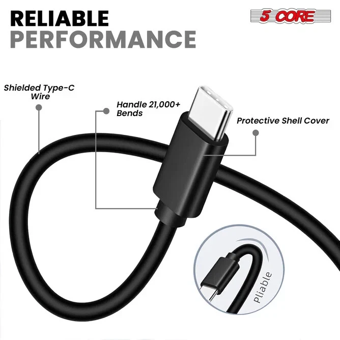 5 Core USB to USB C Cable 5 Pieces Fast Charging & Data Transfer Durable Black - Image 3 of 4