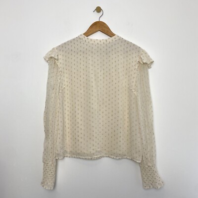 Oliver Bonas Cream Ruffle Sheer Blouse Size 12 | Metallic Gold Dots | VGC