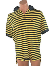 Vintage 90s Polo Ralph Lauren Yellow Blue Thick Stripe Crest sz L Tee Front Logo