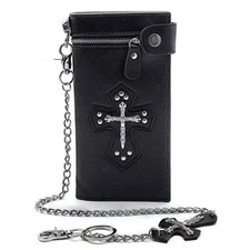 Mens Gothic Skull Cross Leather Biker Punk Wallet with a Metal Long Chain Black