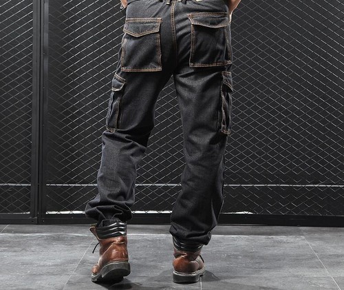 Neu Herren Cargo Jeans Mehrere Taschen Denim Hose Einfarbig Lange Hose Locker - Bild 14 von 18