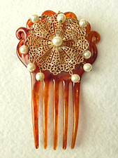 Vintage Large Ornate Hair Comb  Gold Filigree  Faux Pearls