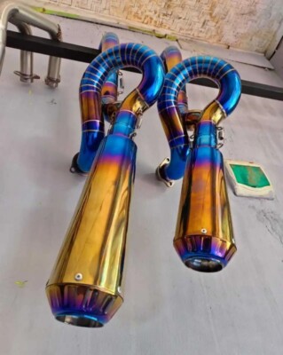 Full Exhaust System Gold & Blue Color Short Model Fits Shovelhead  1970-1984