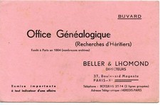 BUVARD PUBLICITAIRE / OFFICE GENEALOGIQUE / RECHERCHES D'HERITIERS / PARIS