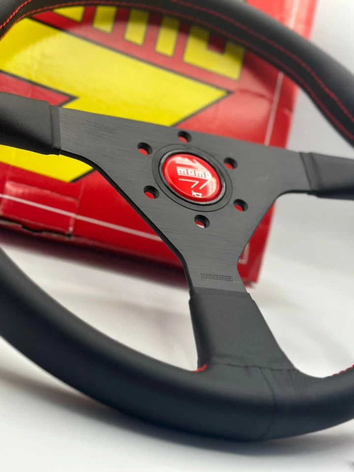 NEW MOMO Monte Carlo 350mm Leather Steering Wheel Red Horn Red Stitch - Image 2 of 4
