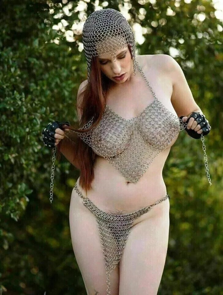 New Aluminium Butted Chainmail Women Bikini Aluminium Halter Bra + Pantie + Coif