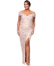 Xscape Women's Lace Off-the-Shoulder Side-Slit Gown - Blush - 12