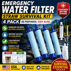 4 Pack Emergency Water Filter Straw Survival Kit Camping Hiking Prepper Gear