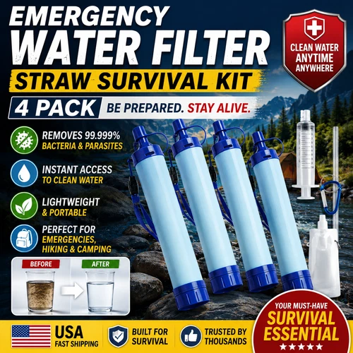 4 Pack Emergency Water Filter Straw Survival Kit Camping Hiking Prepper Gear deal from eBay