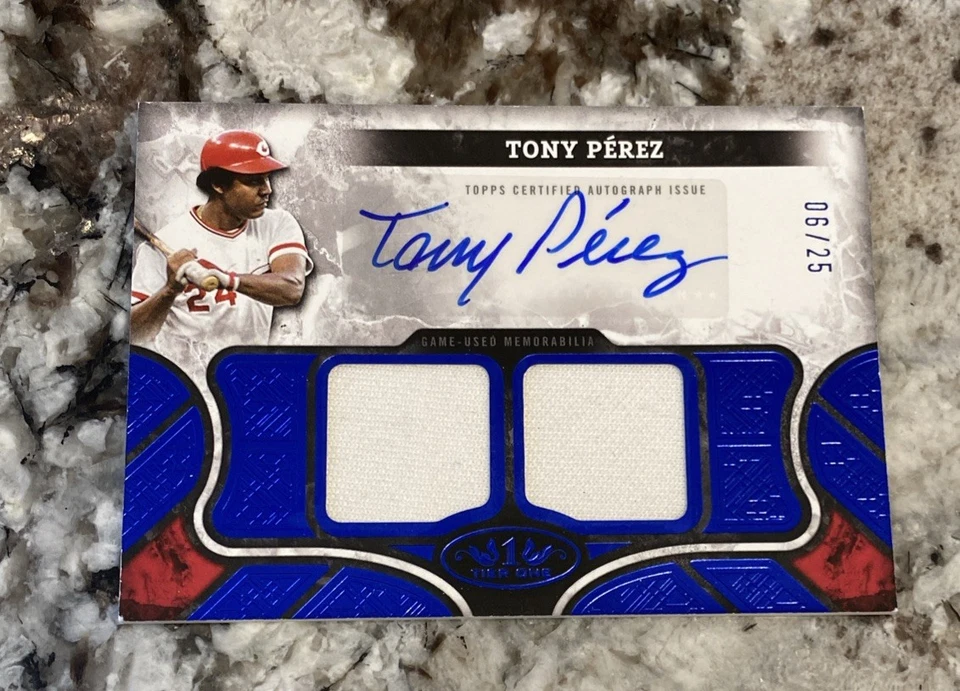 2025 Topps Tier One Relics Tony Pérez Auto Doble Parche Lámina Azul/25 AT1R-TP Rojos Foto 3 de 4