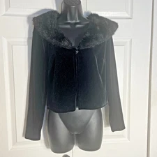 Vintage Cachet Jacket Women Medium Black Y2K Velvet Faux Fur Collar Cropped Top