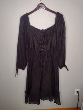 Cider Women's Milkmaid Goth Dress Small Black Corset Lace Up Y2K Crinkle Midi A7