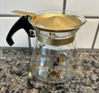 Vintage  MCM  1960s PYREX Tea Coffee Syrup Carafe Gold Clover Mini 4” Flip Lid