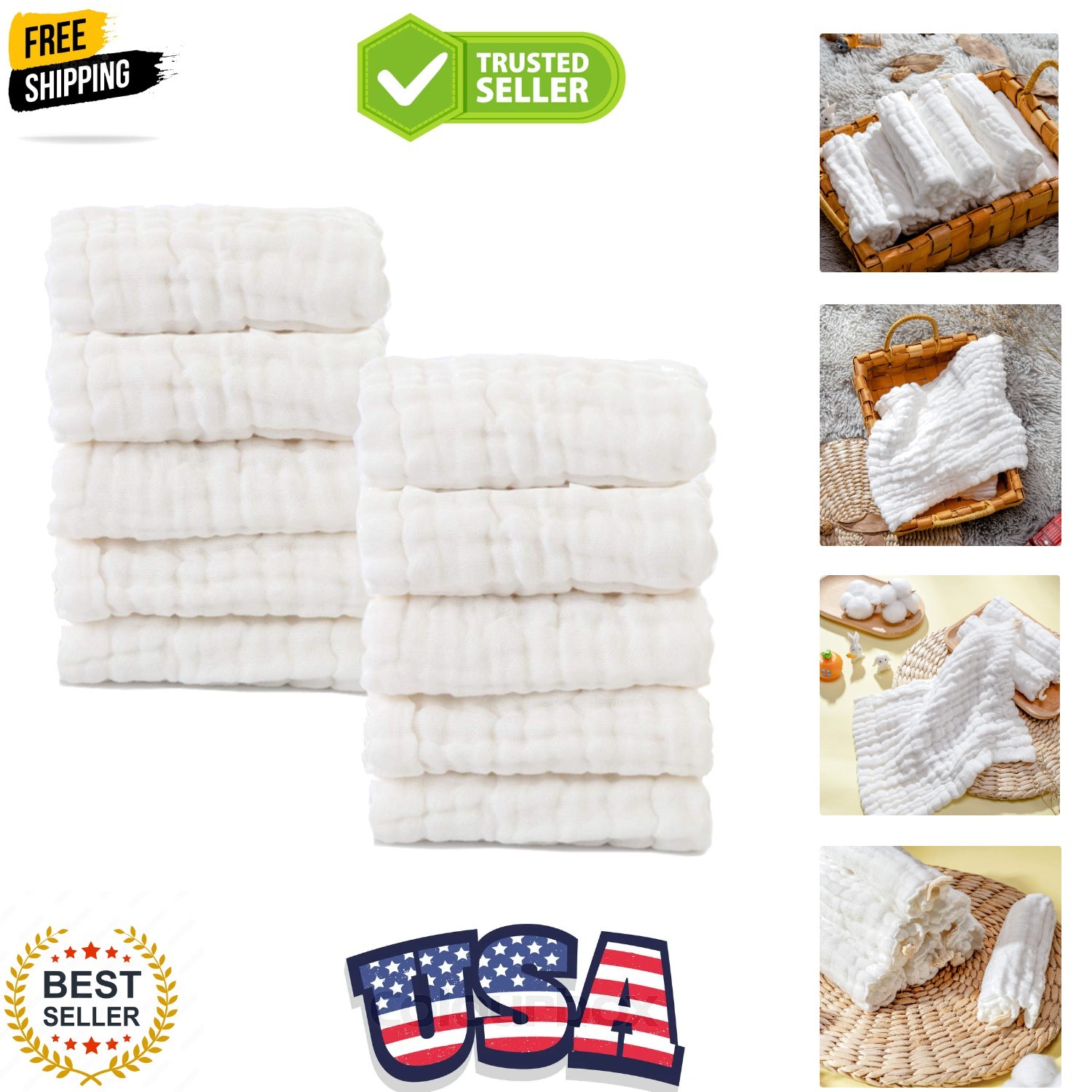 Baby Muslin Washcloths- Natural Cotton Wipes - Soft Newborn Face Towel for Se...