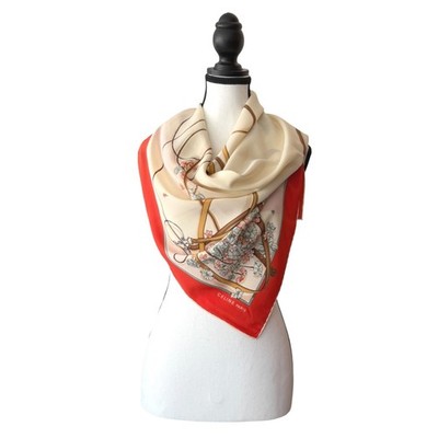 Celine Paris Silk Scarf Red Equestrian Floral Horseshoe 33'' Italy