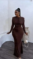 LATEST DESIGN Brown Long Sleeve Drape Neck Maxi Long Evening Dress UK Size 8