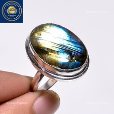 Natural Labradorite 925 Sterling Silver Bezel Statement New Year Ring Size 9.5