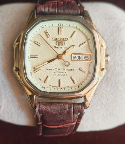 RARE Seiko 5 Superior Automatic Whirlpool Gold Dial Vintage Men Watch