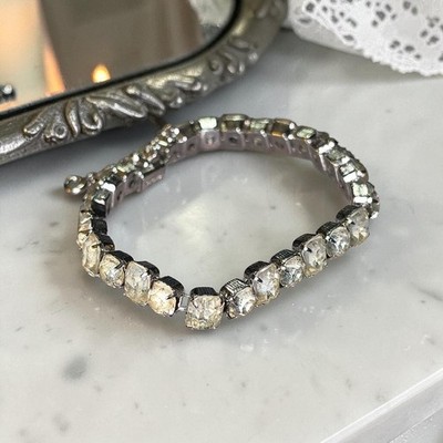 1945-58 Eisenberg Signed Bracelet Emerald Cut Clear Rhinestone 7  W/Safety Chain