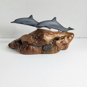 John Perry Two Dolphins Porpoise Burl Wood Art Sculpture Ocean Decor