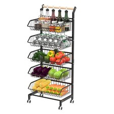 5-Tier Adjustable Rolling Kitchen Cart on Wheels,Metal Wire Storage Basket Cart