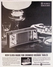 General Electric Vintage Clock-Radio Print Ad 1961 Black White