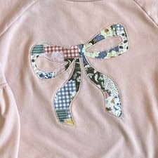 Upcycled Women’s XL Pink Cotton Bow Handsewn Patchwork Sweatshirt Fluffy Sleeves