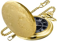 Gold Carved Flower Quartz Pocket Watch with Quartz Movement, Pocket Watch wit...