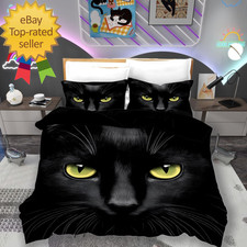 Animal Duvet Cover Queen Size Pet Cat Comforter Set Black Cat with Yellow Eyes
