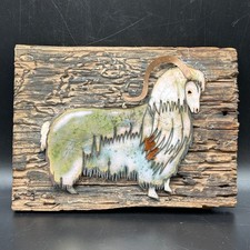 Handmade Sawblade Painted Ram Goat on Raw Wood Wall Hanging 8.5x6