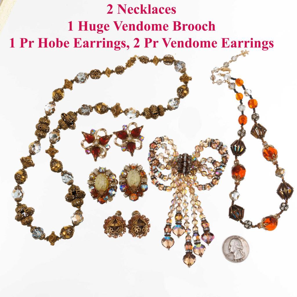 1960's VENDOME & HOBE Gold Rootbeer Necklace Brooch Earrings Vintage