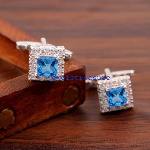 Boutons De Manchette Argent Sterling – Topaze Bleu Ciel Naturelle – Cadeau Homme – Neuf