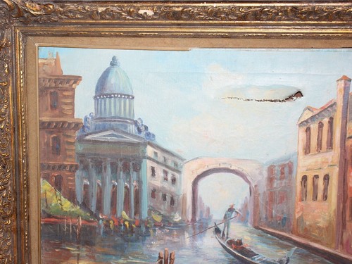 Antique impressionist oil painting river cityscape - Imagen 6 de 12