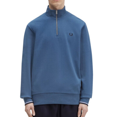 Fred Perry Men's Long Sleeve Half Zip Tipped Pullover Sweatshirt Logo M3574 Blue