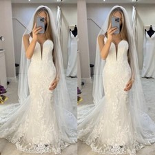 Mermaid Spaghetti Straps Wedding Dresses Deep V Neck Lace Appliques Bridal Gown