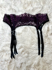 Honey Birdette TYLA   Black Fuchsia Floral Lace Garter Suspender Belt XS