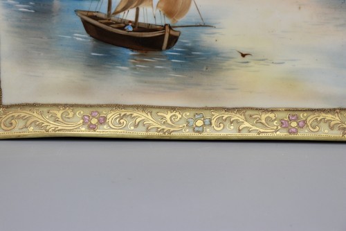 Antica scena porto nipponico 10,5" placca rettangolare da parete barche navi moriage - Foto 5 di 7