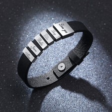 Personalized Men Leather Bracelet Family Name Initials Custom Engraved Xmas Gift