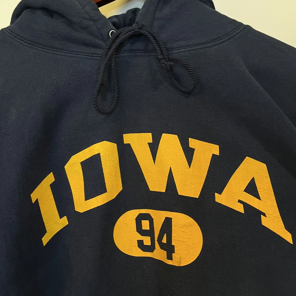 90s Vintage Champion Reverse Weave Blue IOWA 47 Hoodie Sweatshirt Size L
