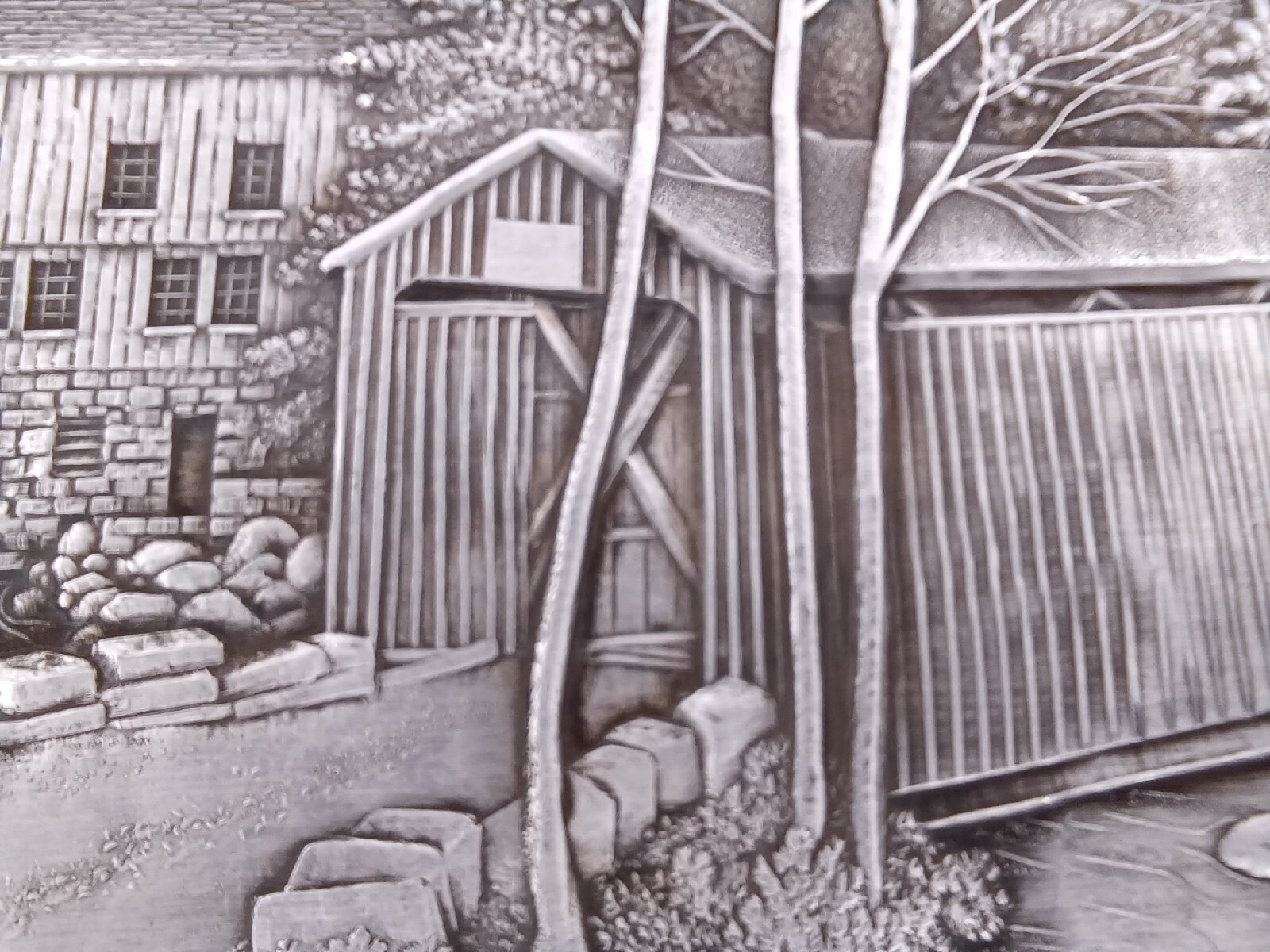 Wendell August Forge Hammered Aluminum Tray 6" x 9" Covered Bridge Scene