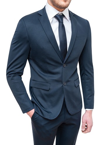 Abito completo uomo blu scuro tessuto elasticizzato slim fit vestito  elegante | eBay