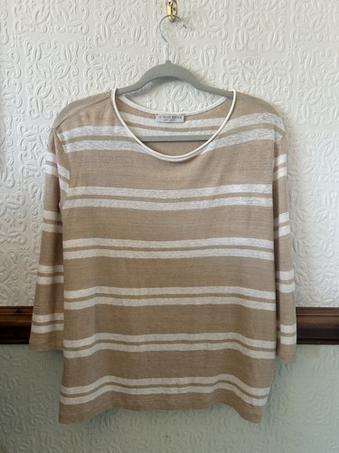 Le Tricot Perugia Linen Striped Jumper Camel And White Size Large