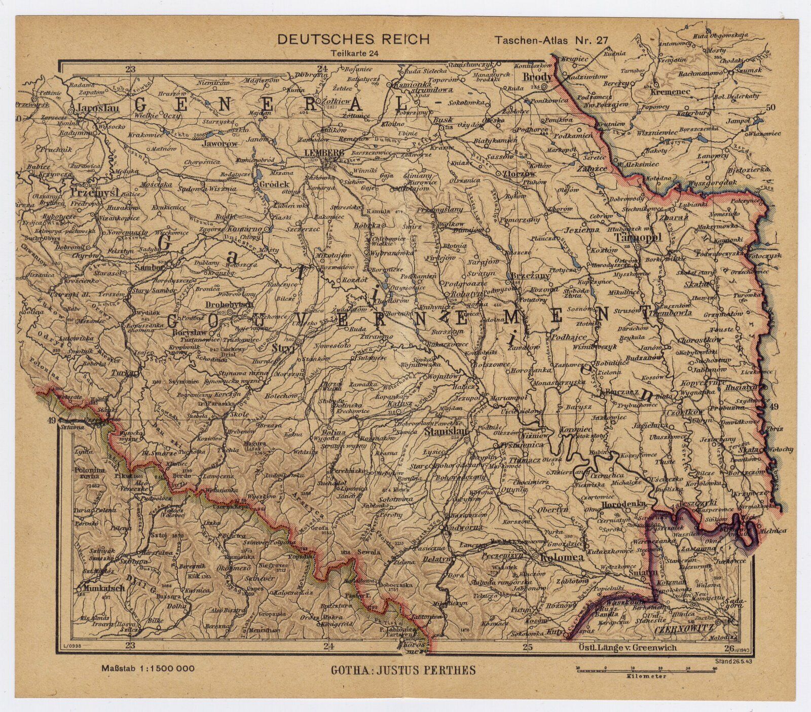 1943 VINTAGE WWII MAP GALICIA GENERALGOUVERNEMENT POLAND UKRAINE LVIV LEMBERG