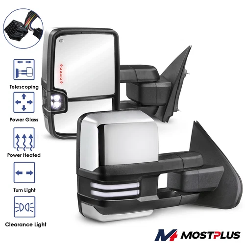 Pair Chrome Power Heated Tow Mirror Dynamic Signal For 14-18 Silverado GMC 1500