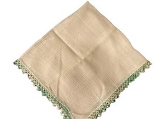 VINTAGE HANKY WHITE LINEN WITH GREEN OMBRE HAND CROCHET EDGING HEMSTITCH EDGE
